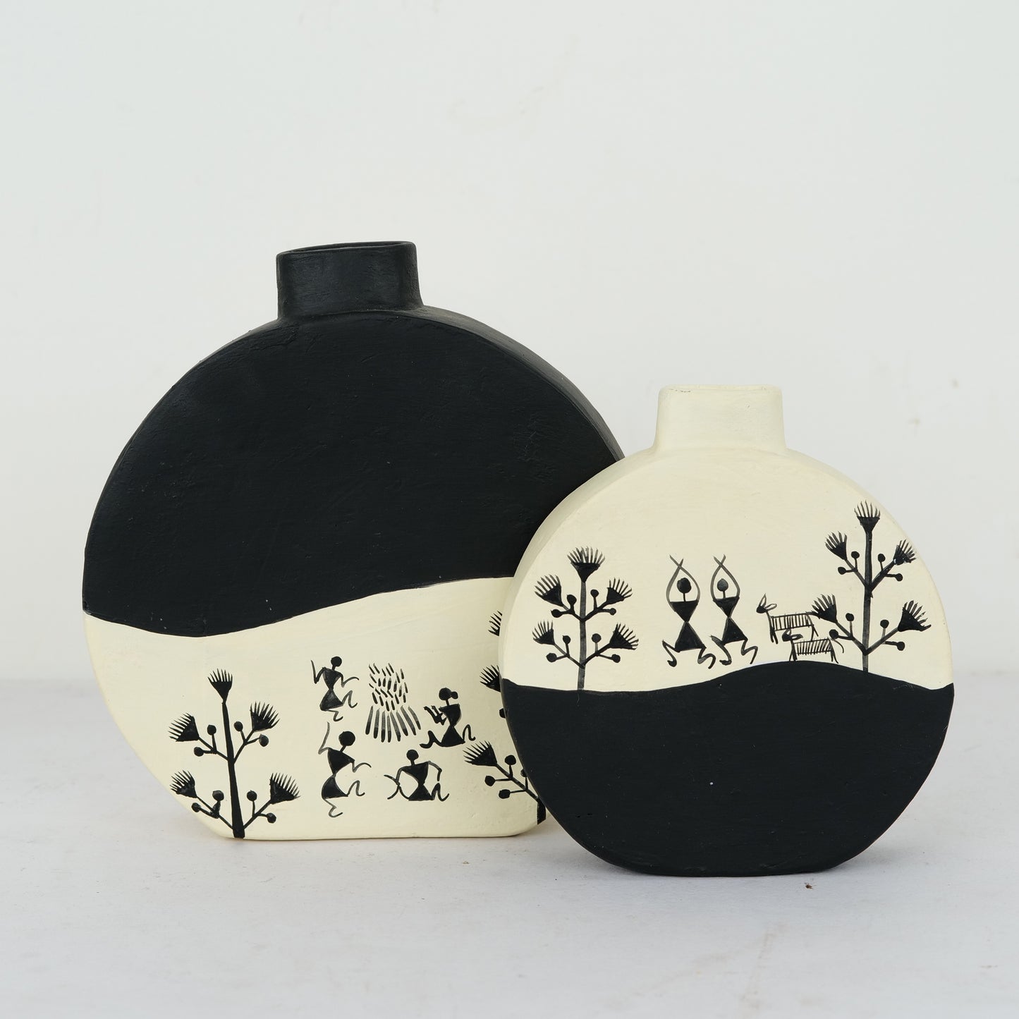 ‘Warli Rounds’ Terracotta Flower Vase In Black & White, Set of 2