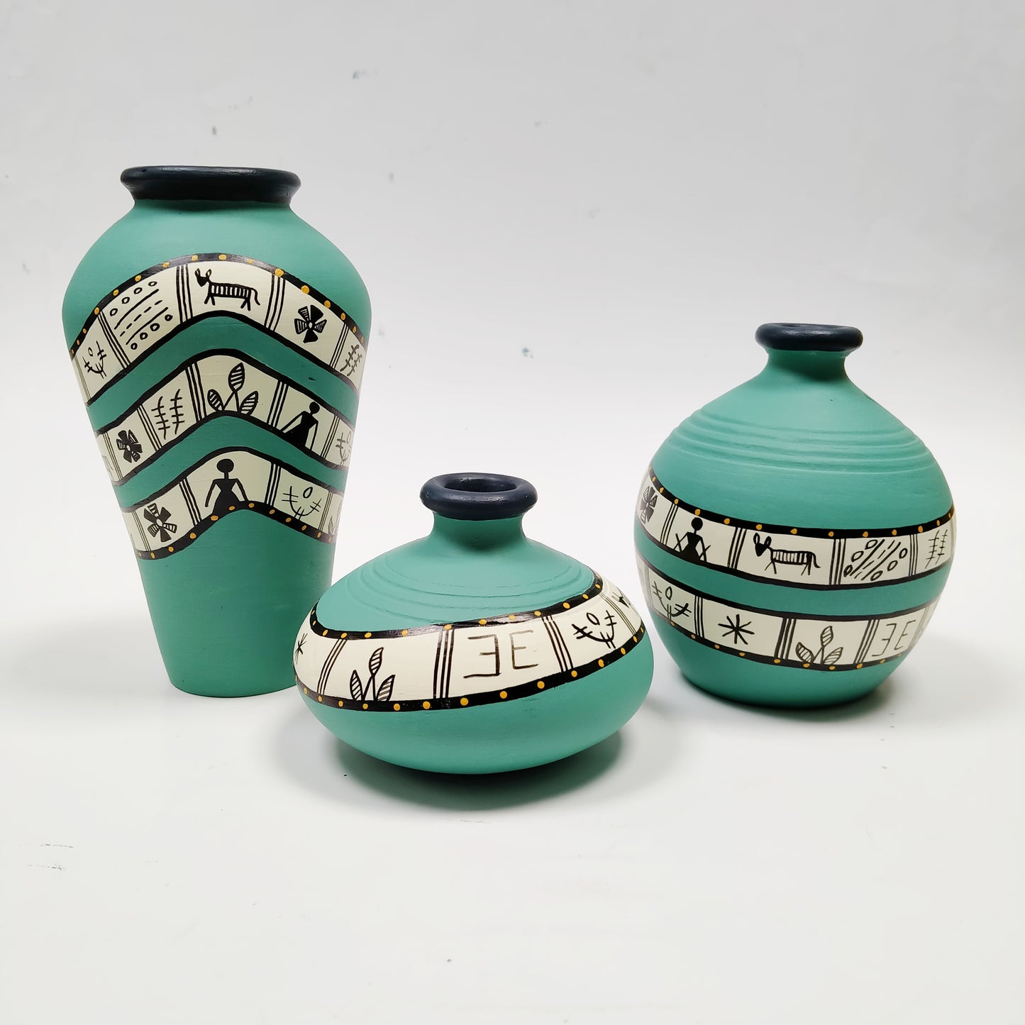 ‘Warli Turquoise’ Terracotta Vase In Aqua Blue (Combo of 3)