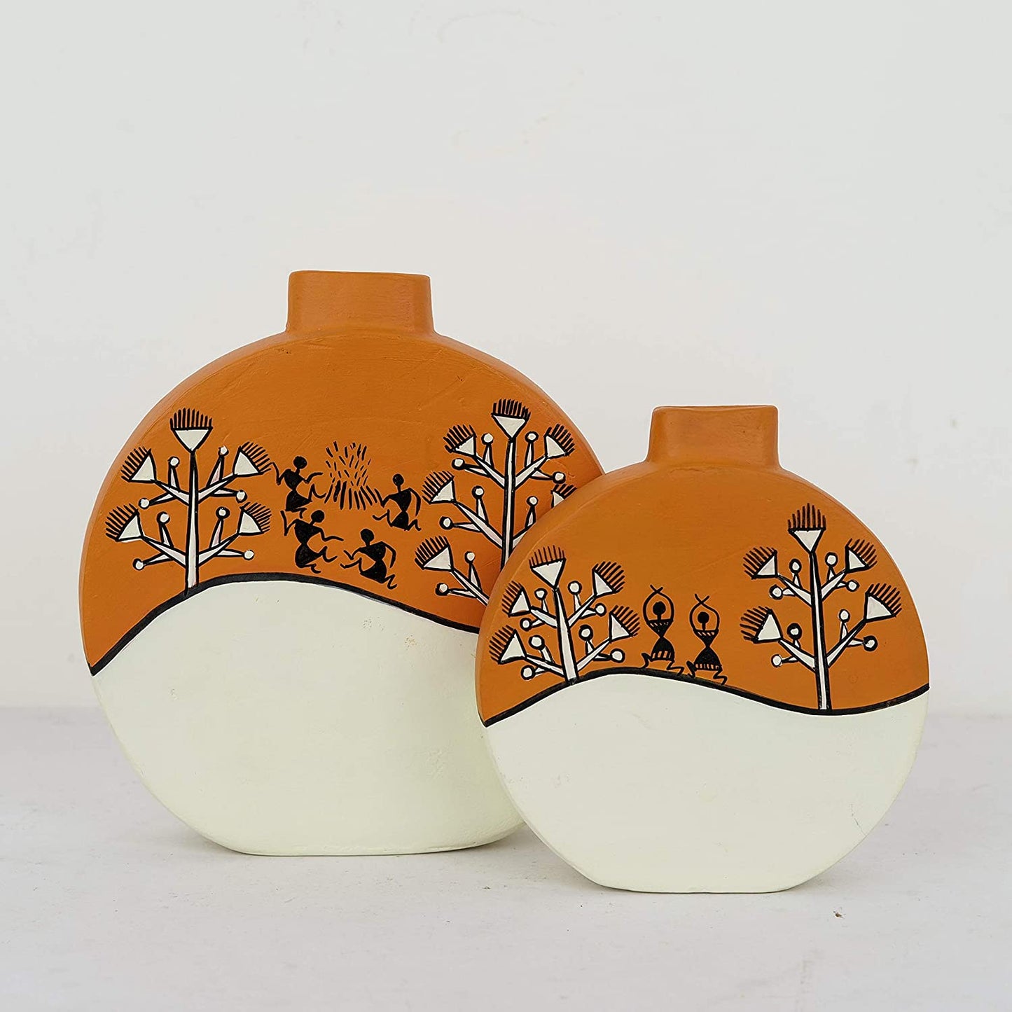 ‘Warli Rounds’ Terracotta Flower Vase In Orange Color, Set of 2