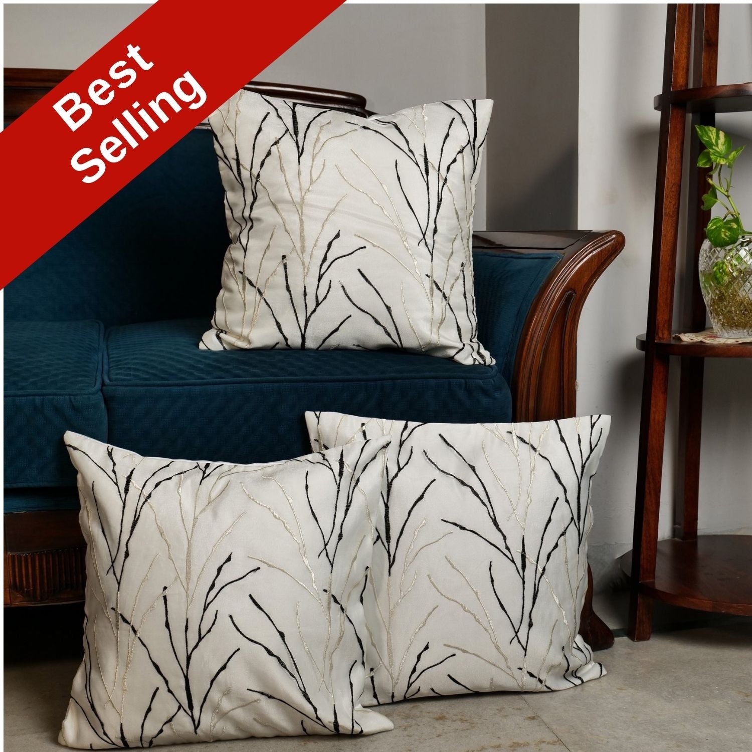 'Midnight Branches' White Cushion Covers In Organza Tissue With Thread Work (16 x 16 Inch)