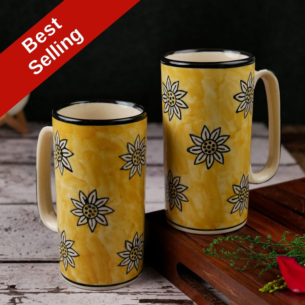'Sunflower Garden' Ceramic Studio Pottery Beer & Coffee Mugs (Set of 2, 600 ml) - artystagallery