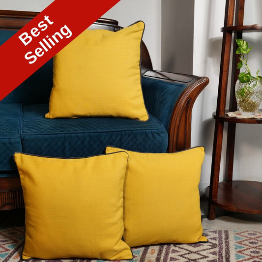'Plush Mustard' Solid Linen Cushion Covers With Piping (16 x 16 Inch)