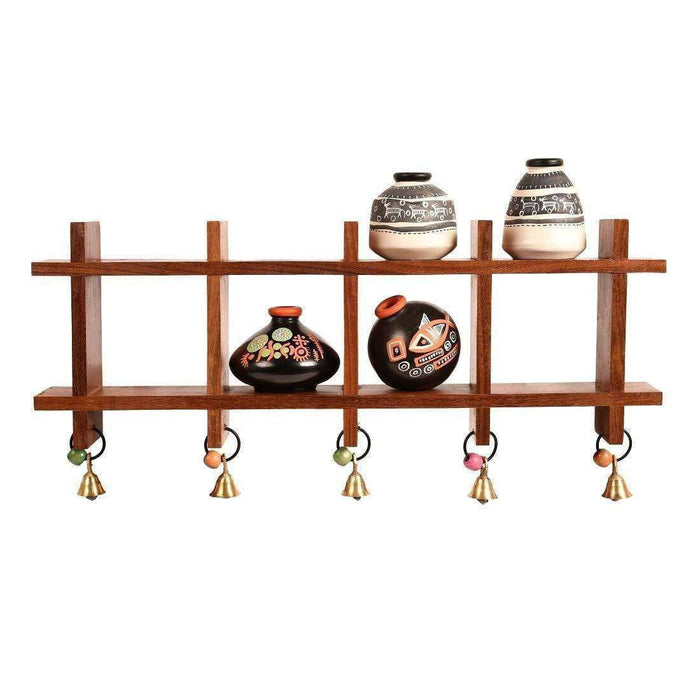 Decorative Wooden Wall Shelf With Miniature Terracotta Pots, Set of 4