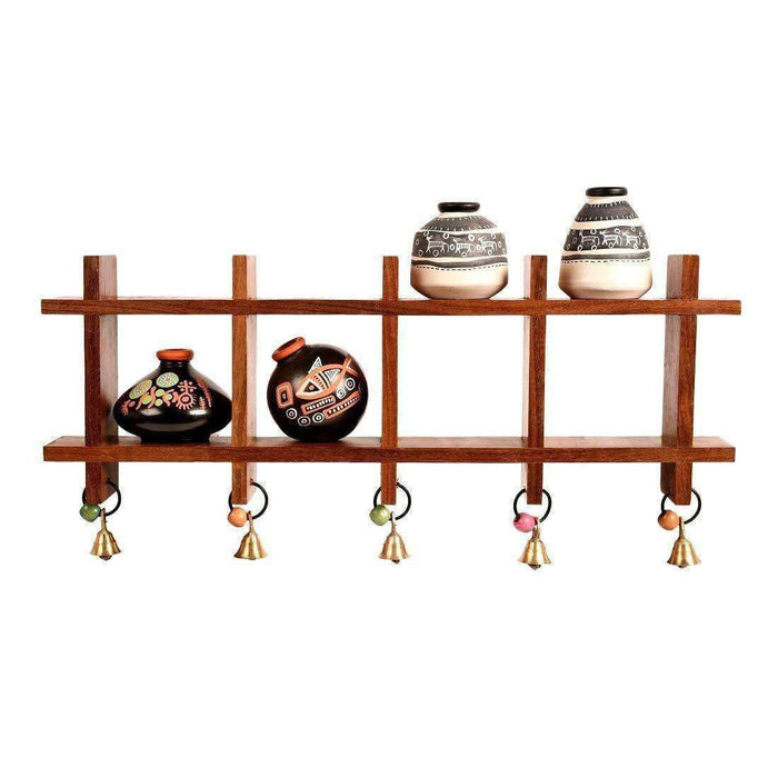 Decorative Wooden Wall Shelf With Miniature Terracotta Pots, Set of 4
