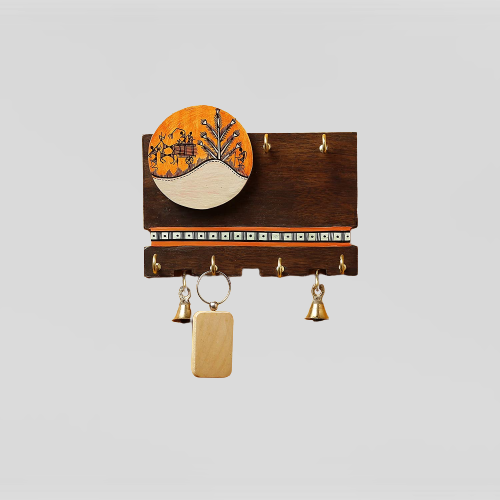 'Warli Slab' Handcrafted Wooden Key Holder for Wall (6 Key Hooks)