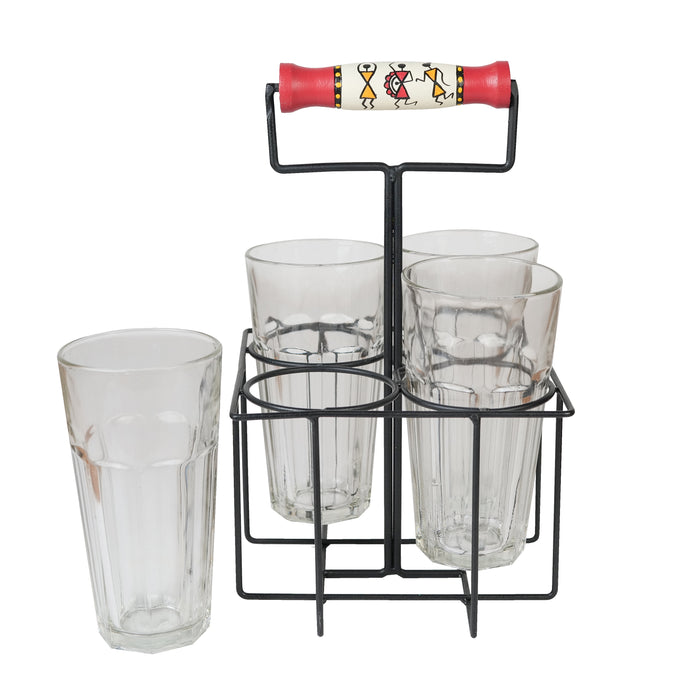 'Warli Dancing' Juice Glasses With Stand In Red Colour, Set of 4