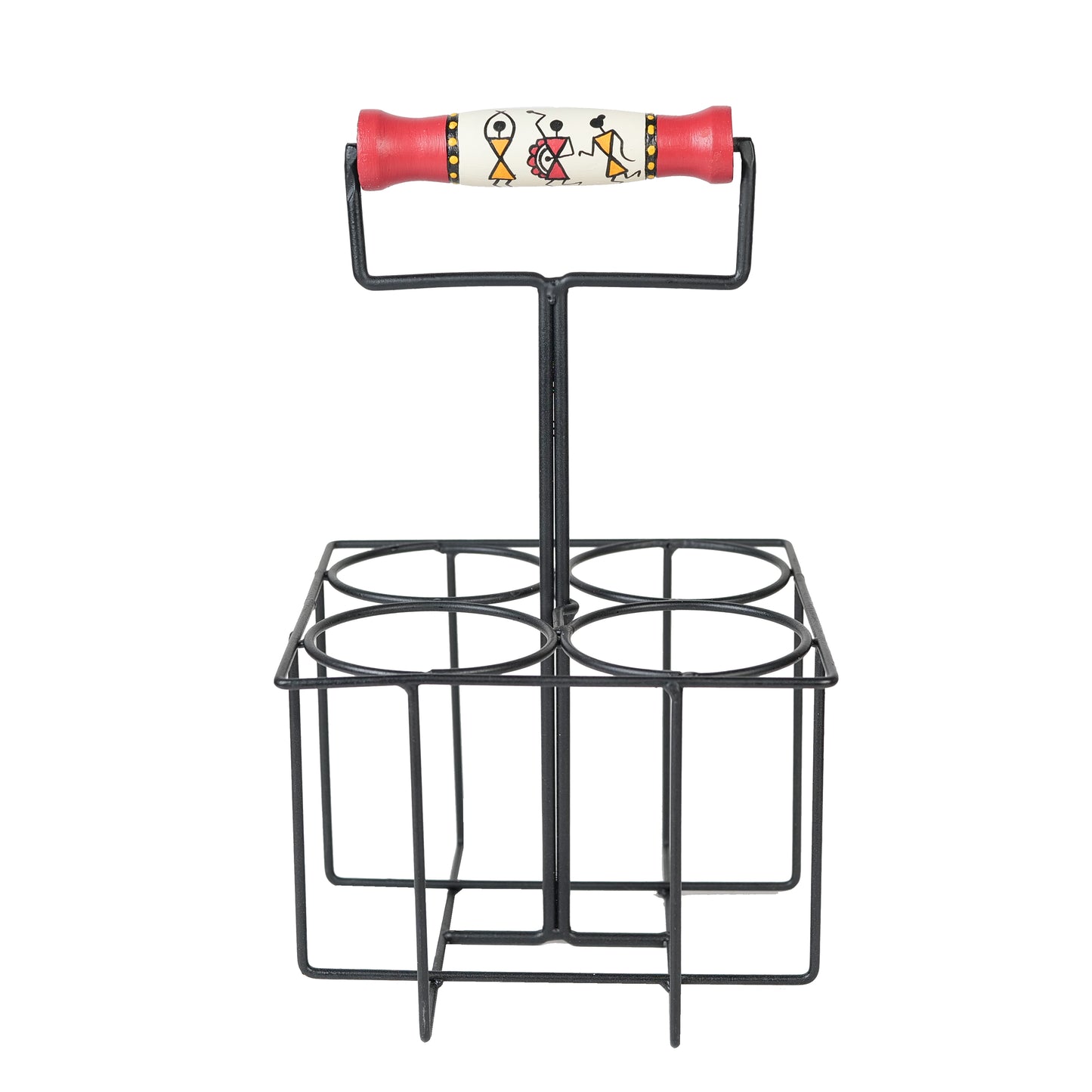 'Warli Dancing' Juice Glasses With Stand In Red Colour, Set of 4