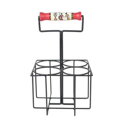 'Warli Dancing' Juice Glasses With Stand In Red Colour, Set of 4