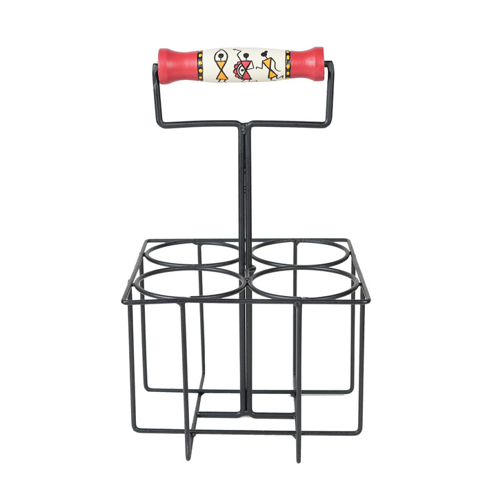 'Warli Dancing' Juice Glasses With Stand In Red Colour, Set of 4