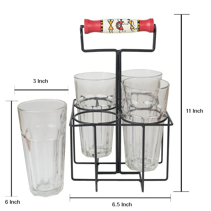 'Warli Dancing' Juice Glasses With Stand In Red Colour, Set of 4