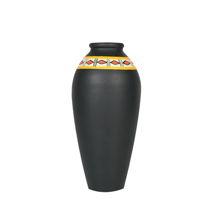 'Warli Encircle' Black Terracotta Decorative Flower Vase, Single