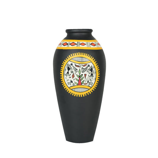'Warli Encircle' Black Terracotta Decorative Flower Vase, Single
