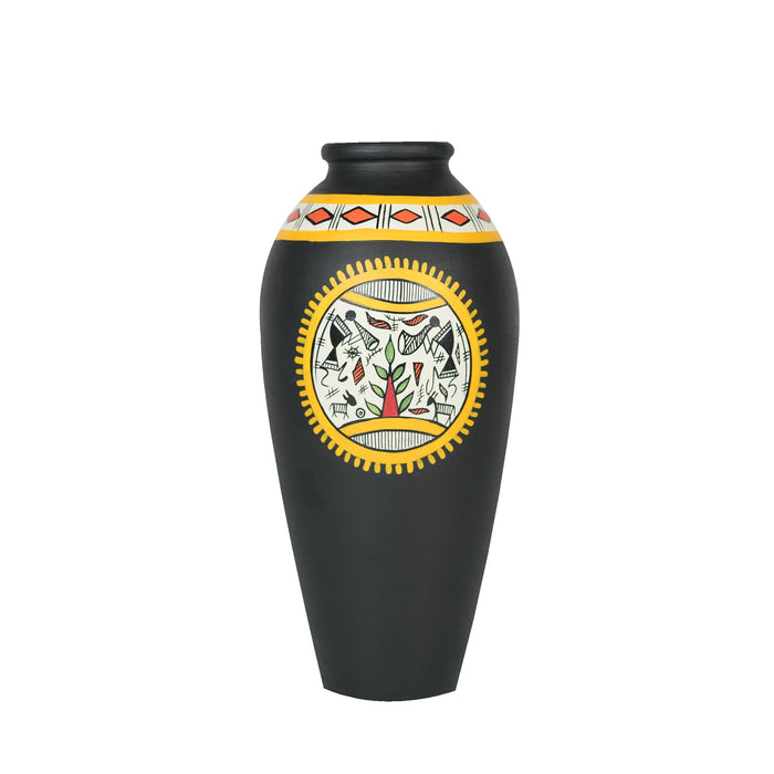 'Warli Encircle' Black Terracotta Decorative Flower Vase, Single