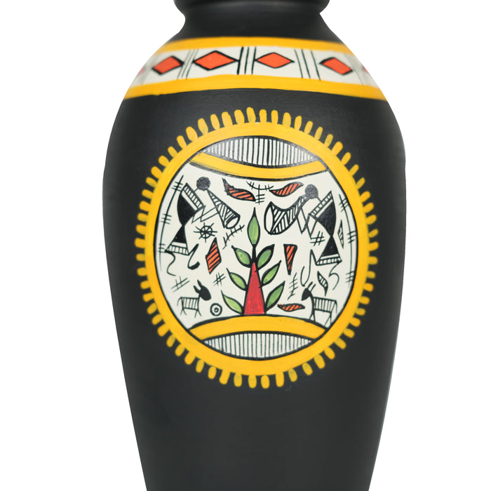 'Warli Encircle' Black Terracotta Decorative Flower Vase, Single