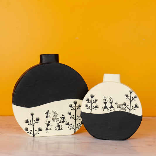 ‘Warli Rounds’ Terracotta Flower Vase In Black & White, Set of 2