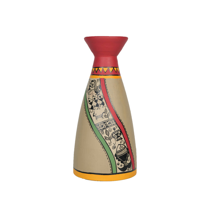 'Warli Celebrations' Hand-Painted Terracotta Tall Vase, Single