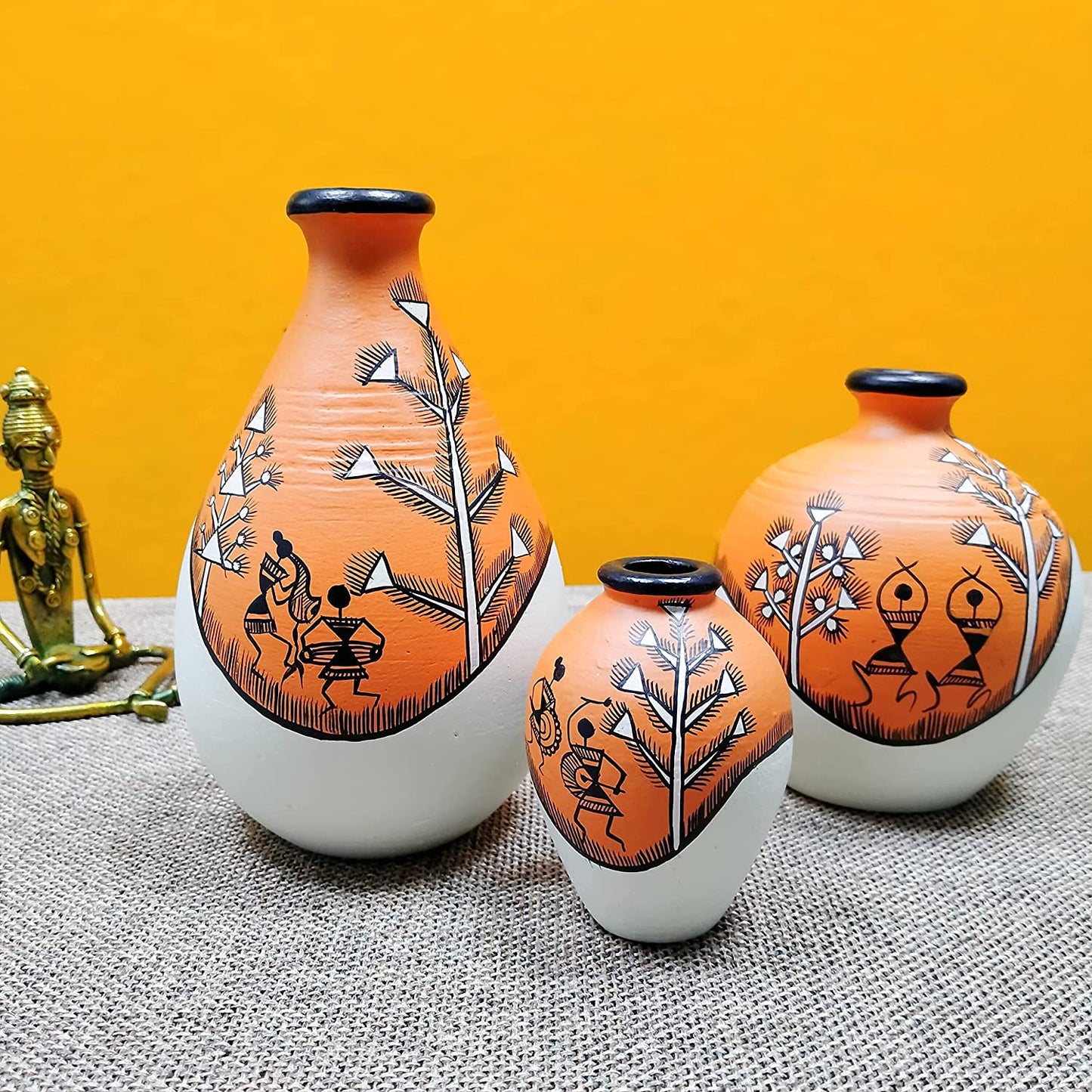 Warli Design Terracotta Vases In Orange Color, Set of 3