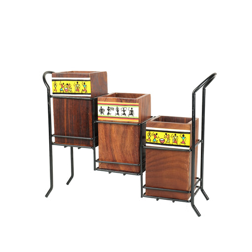 'Warli Trio' Rectangular Cutlery Cum Stationary Holder With Stand, Set of 3
