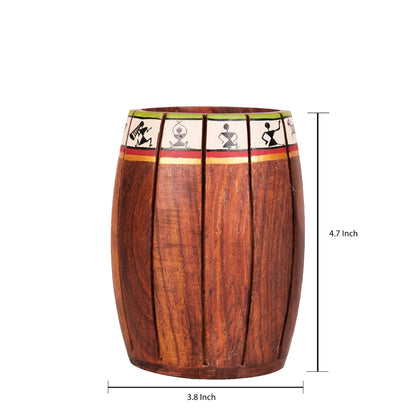 'Warli Barrel' Wooden Cutlery Cum Stationary Holder
