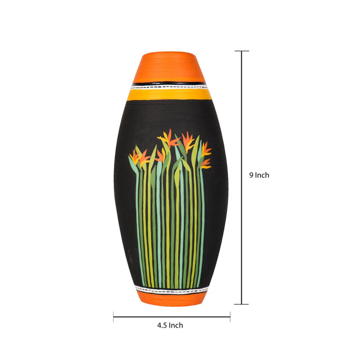 'Tropical Meadows' Terracotta Handpainted Vase In Black Color, 9 Inch