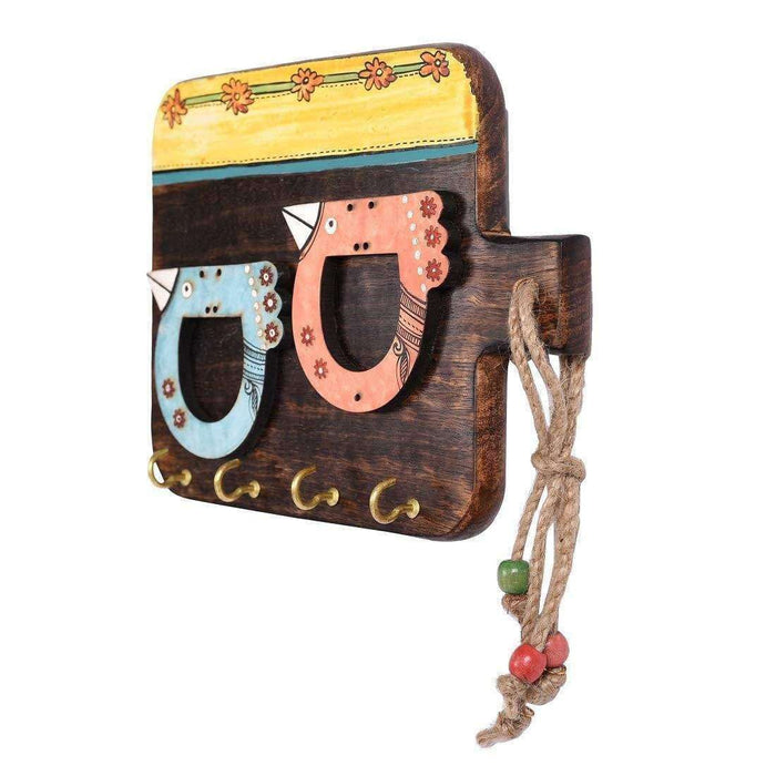 'Bird Motif' Handcrafted Wooden Key Holder (4 Key Hooks)