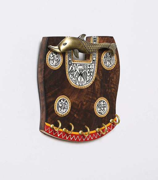 'Warli Fish' Handcrafted Wooden Key Holder for Wall (5 Key Hooks)