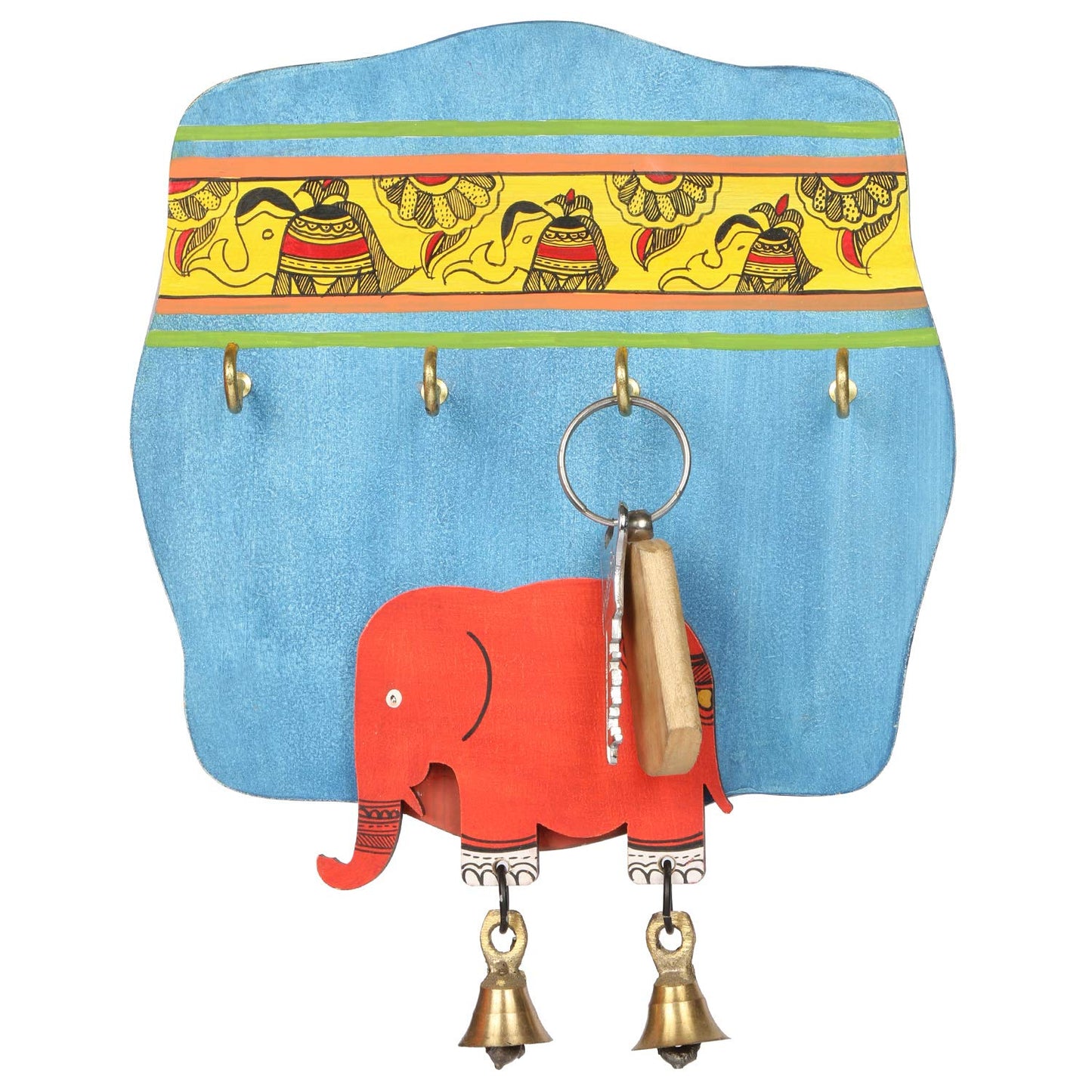 'Bells & Elephants' Handcrafted Wooden Key Holder for Wall