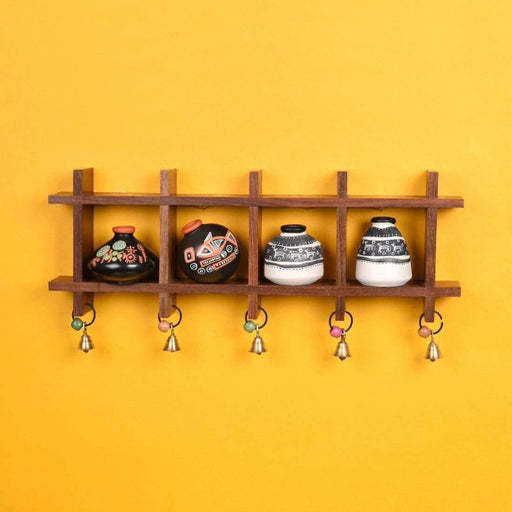 Decorative Wooden Wall Shelf With Miniature Terracotta Pots, Set of 4