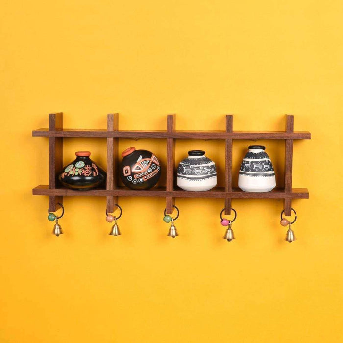 Decorative Wooden Wall Shelf With Miniature Terracotta Pots, Set of 4
