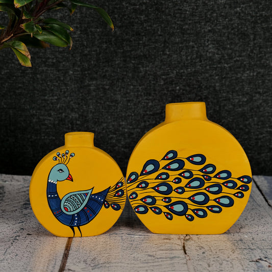 "Dancing Peacock' Terracotta Vase In Yellow Color, Set of 2