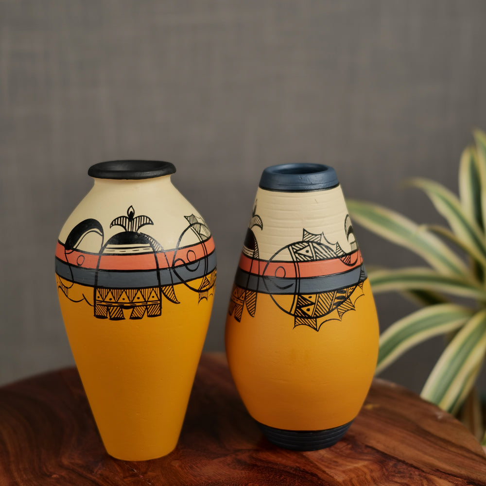 Terracotta Vase Hand-Painted In Yellow Color, Set of 2