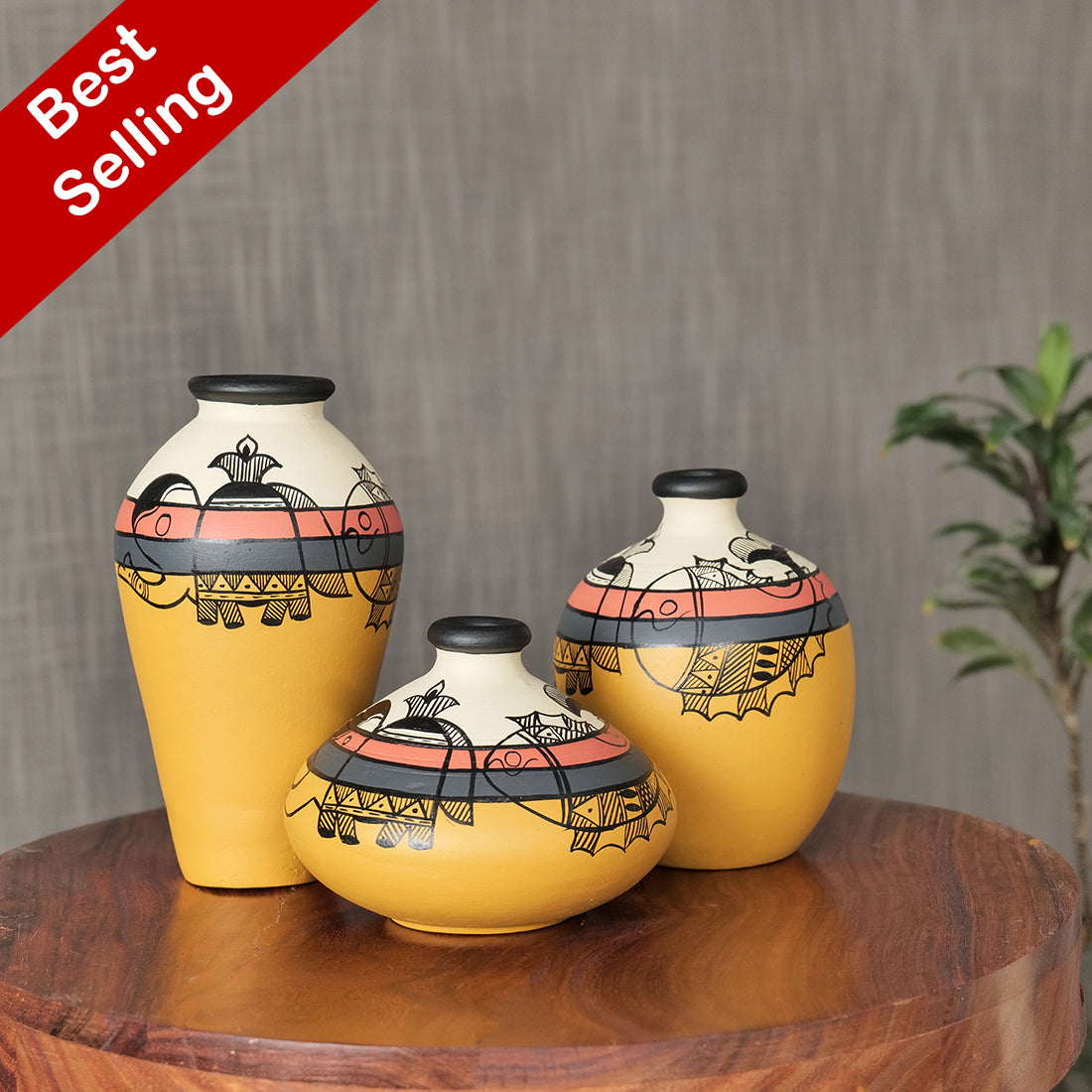 'Madhubani Creatures' Terracotta Vase In Yellow Color, Set of 3