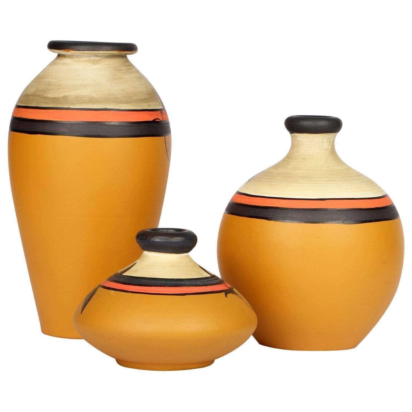 'Madhubani Creatures' Terracotta Vase In Yellow Color, Set of 3