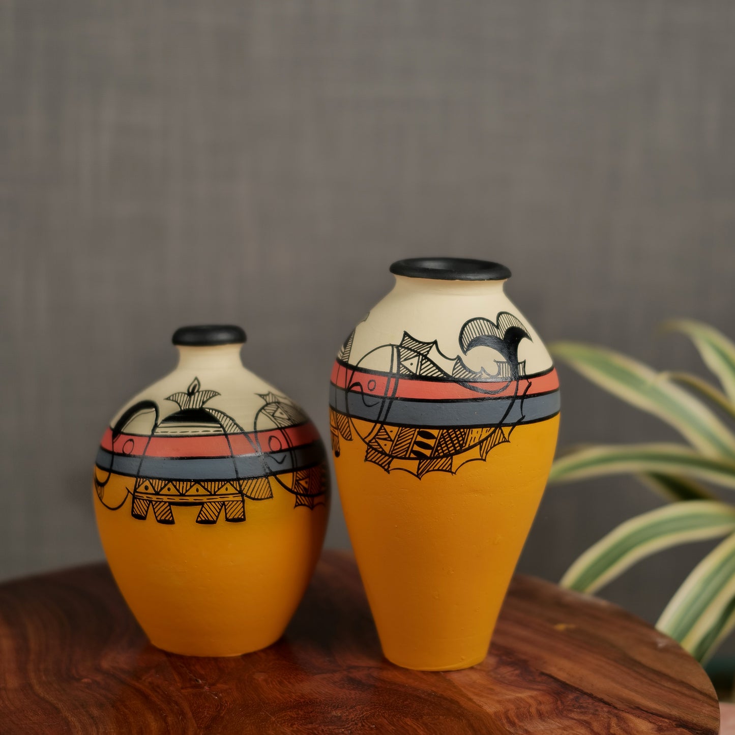 ‘Madhubani Fauna’ Hand-painted Terracotta Vase In Yellow Color, Set of 2