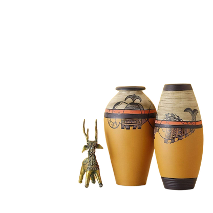 Terracotta Vase Hand-Painted In Yellow Color, Set of 2