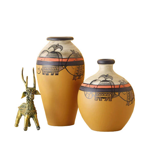 ‘Madhubani Fauna’ Hand-painted Terracotta Vase In Yellow Color, Set of 2