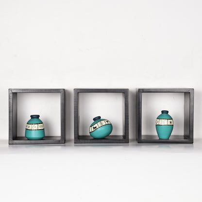 Miniature Terracotta Vases in Aqua Blue Color, Set of 3
