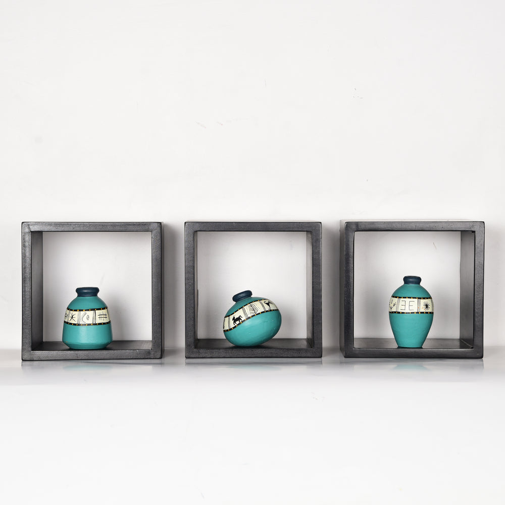 Miniature Terracotta Vases in Aqua Blue Color, Set of 3