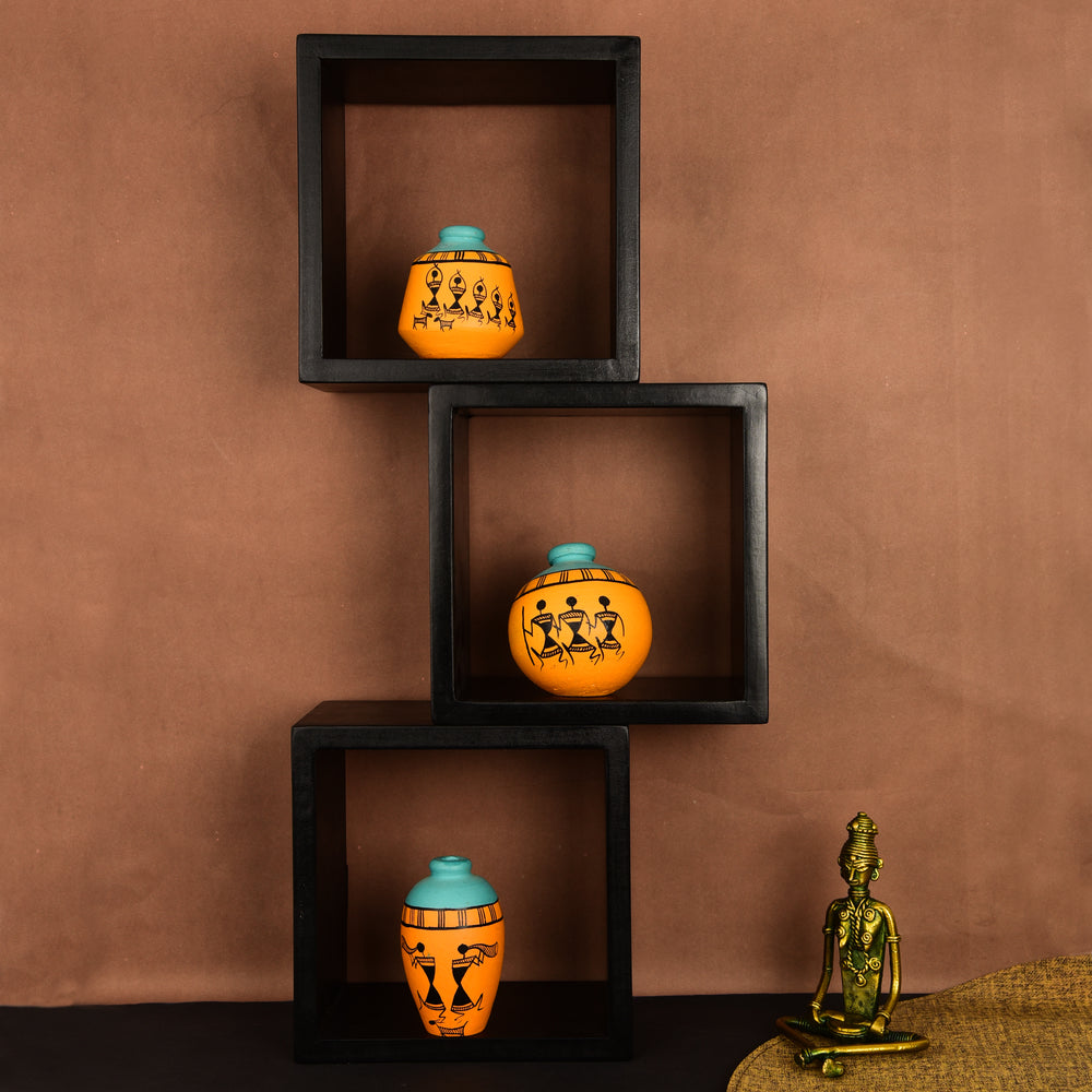 'Art of Life' Wall Mounted Wooden Shelves With Decorative Hand Painted Terracotta Pots In Mustard Color For Home Décor - artystagallery