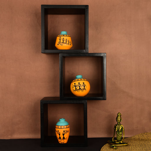 'Art of Life' Wall Mounted Wooden Shelves With Decorative Hand Painted Terracotta Pots In Mustard Color For Home Décor - artystagallery