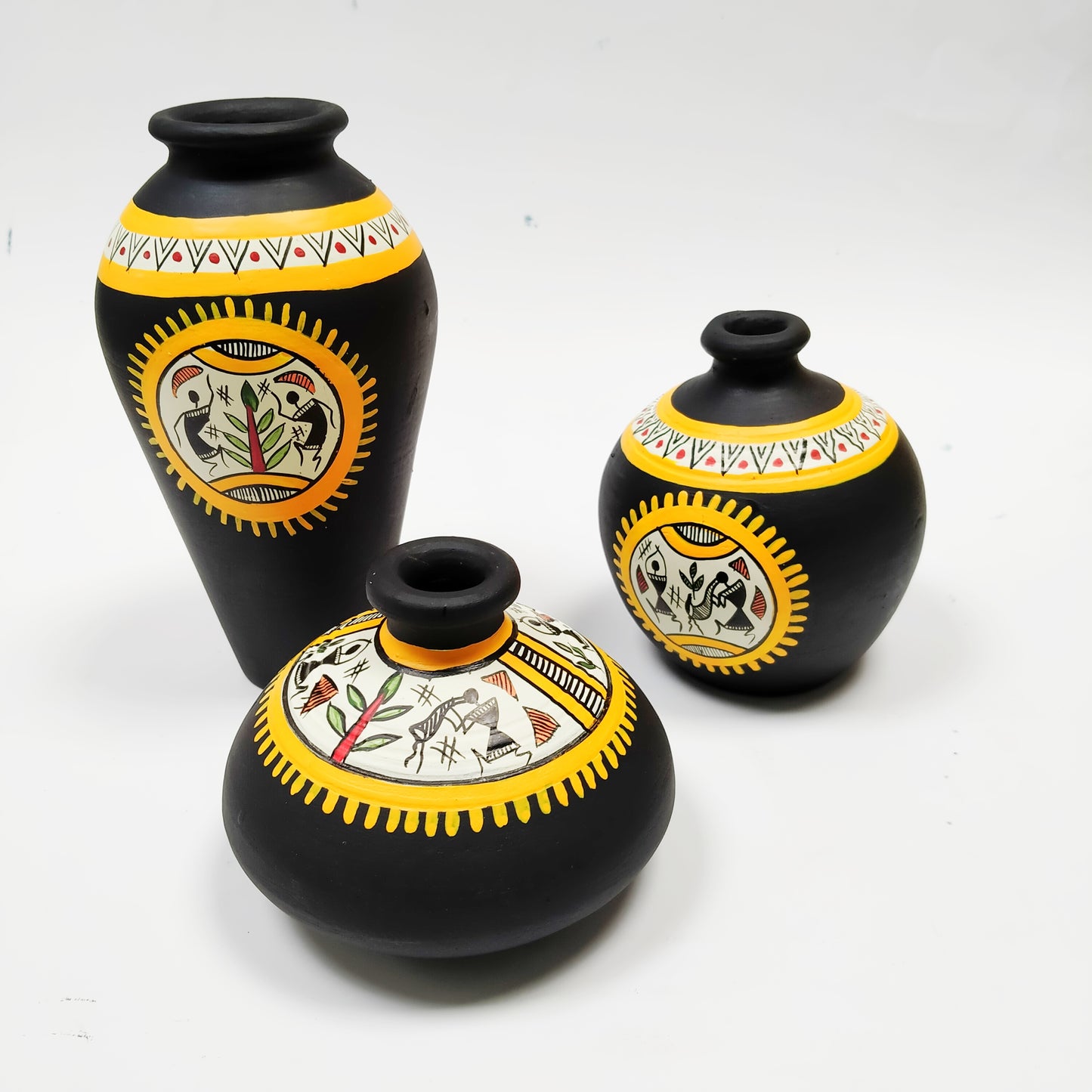 Warli Design Terracotta Vases In Black Color, Set of 3