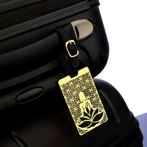 Buddha Brass Metal Travel Luggage Suitcase Label ID Tag with genuine leather straps - artystagallery
