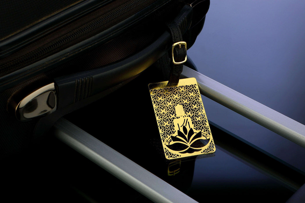 Buddha Brass Metal Travel Luggage Suitcase Label ID Tag with genuine leather straps - artystagallery