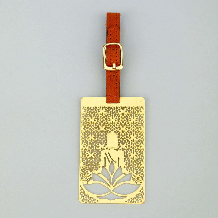 Buddha Brass Metal Travel Luggage Suitcase Label ID Tag with genuine leather straps - artystagallery