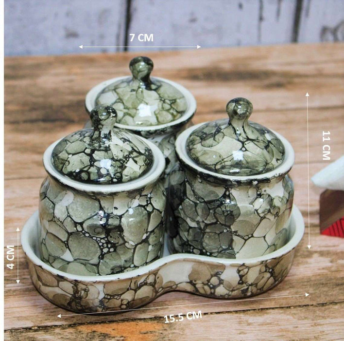 Ceramic Pickle & Chutney Jars With Lids And Tray Set of 3 - artystagallery