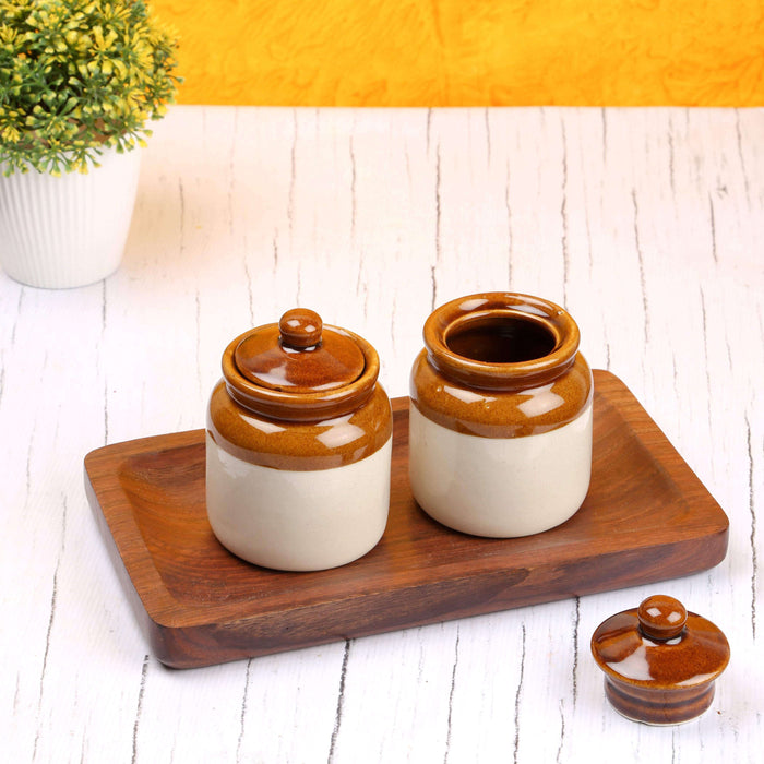 Ceramic Pickle Jar With Sheesham Wooden Tray - artystagallery