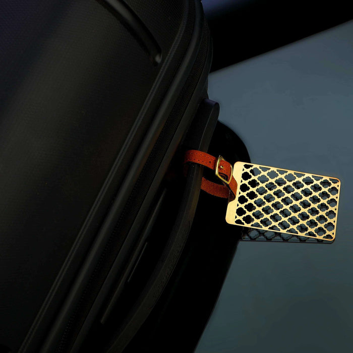 Floral Taj Jaali Brass Metal Travel Luggage Label ID Tag with genuine leather straps - artystagallery