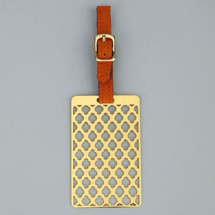 Floral Taj Jaali Brass Metal Travel Luggage Label ID Tag with genuine leather straps - artystagallery