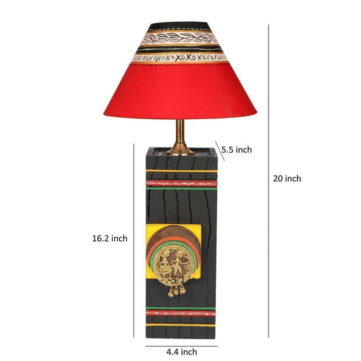 Artysta 'Dhokra Cuboidal' Bedside Wooden Table Lamp (Brown & Red, 20 Inch)