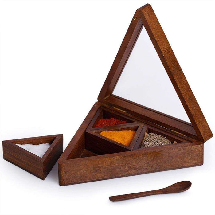 'Triangular Twist' Wooden Spice Box With 4 Containers - artystagallery
